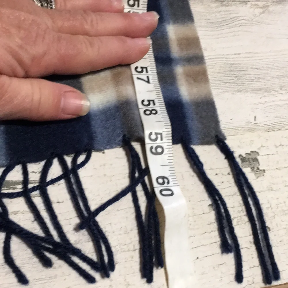 Royal Rossi blue tan cream white plaid 10”x62” cashmere scarf with fringe